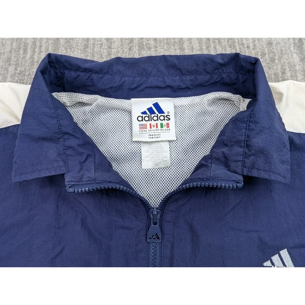 Vintage Adidas Track Jacket XL Navy White 90s 3 Stripe Logo Retro Windbreaker